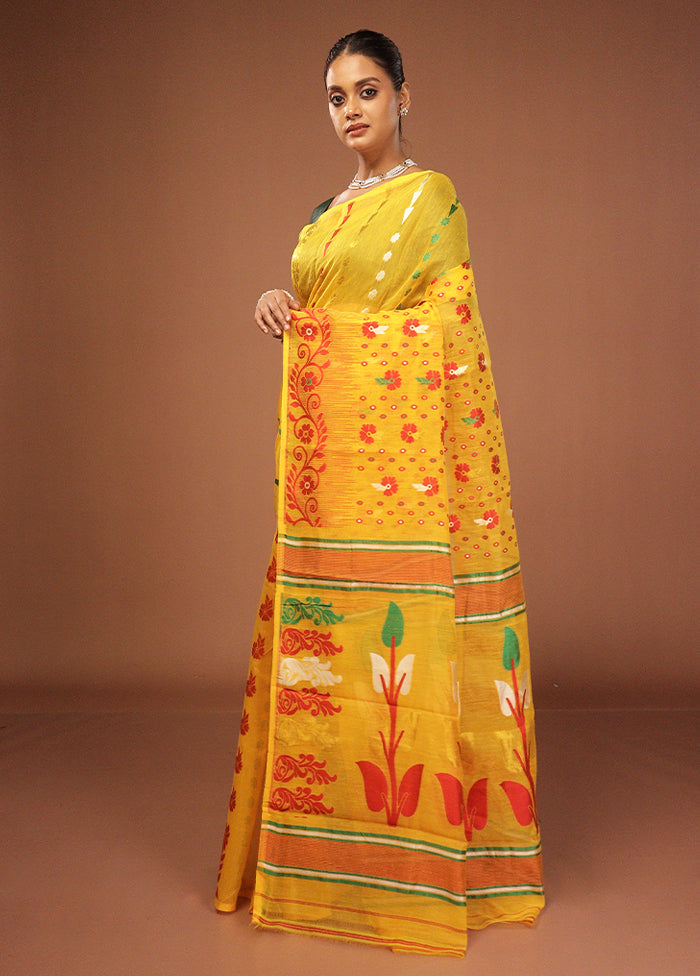 Yellow Jamdani Cotton Saree Without Blouse Piece