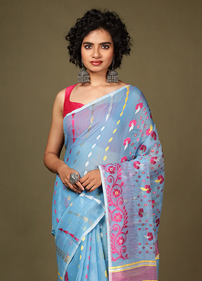 Blue Tant Jamdani Saree Without Blouse Piece