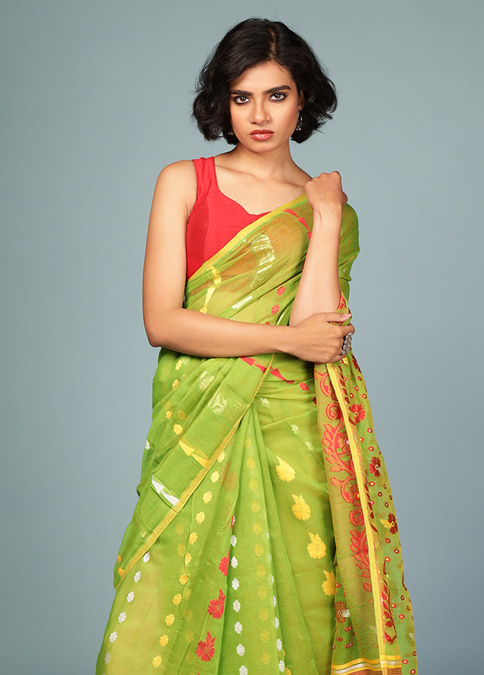 Green Jamdani Cotton Saree Without Blouse Piece