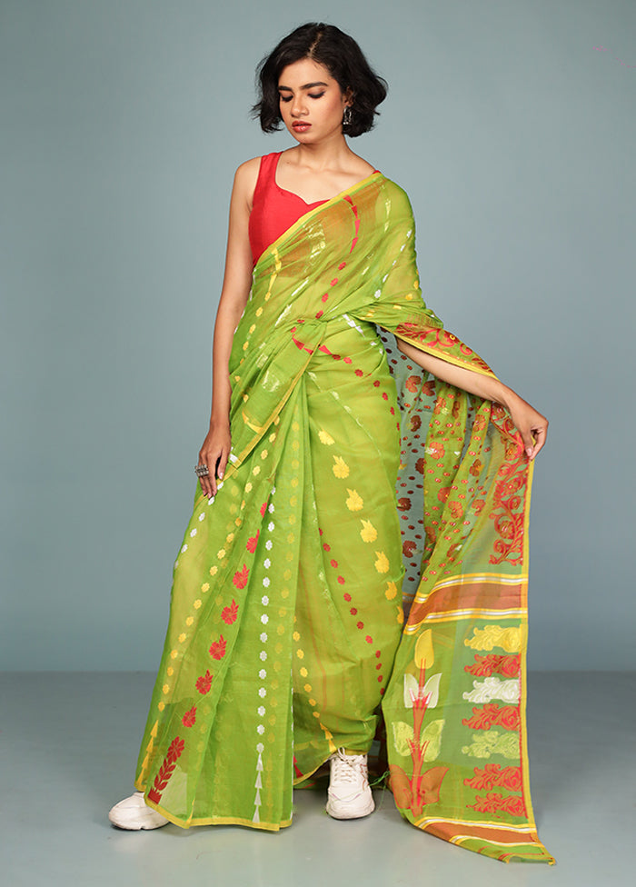Green Jamdani Cotton Saree Without Blouse Piece