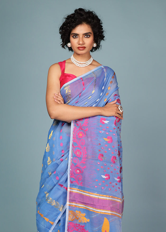 Blue Tant Jamdani Saree Without Blouse Piece