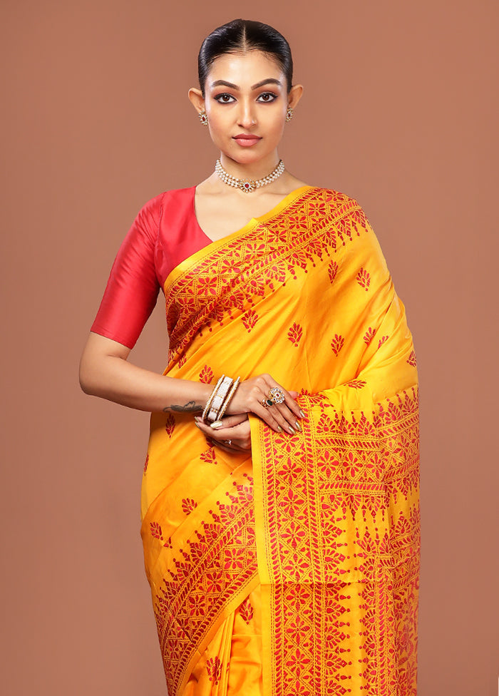 Yellow Kantha Stitch Pure Silk Saree With Blouse Piece