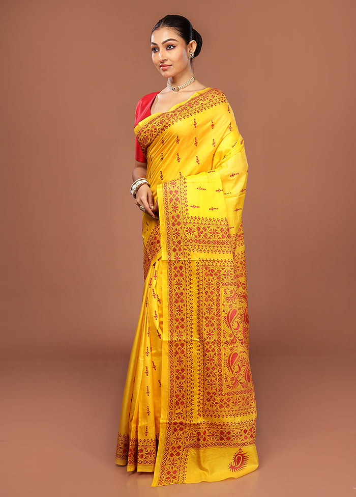 Yellow Kantha Stitch Pure Silk Saree With Blouse Piece