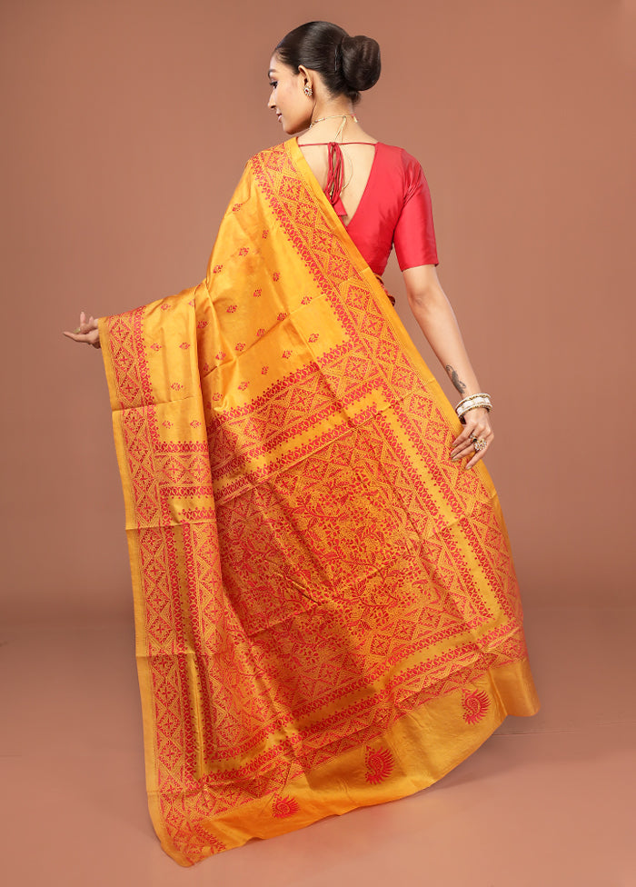 Yellow Kantha Stitch Pure Silk Saree With Blouse Piece