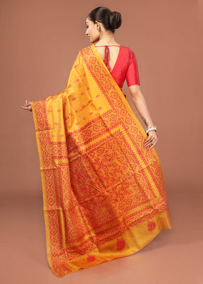Yellow Kantha Stitch Pure Silk Saree With Blouse Piece