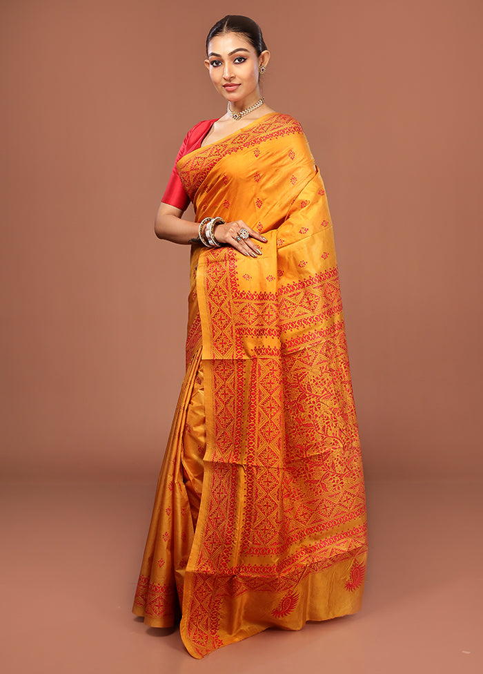 Yellow Kantha Stitch Pure Silk Saree With Blouse Piece