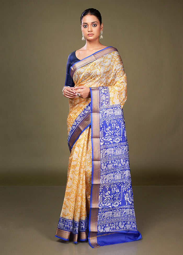 Yellow Printed Pure Silk Saree Without Blouse Piece