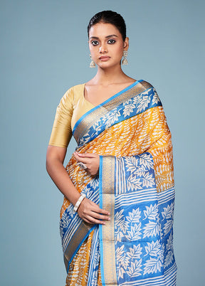 Yellow Printed Pure Silk Saree Without Blouse Piece