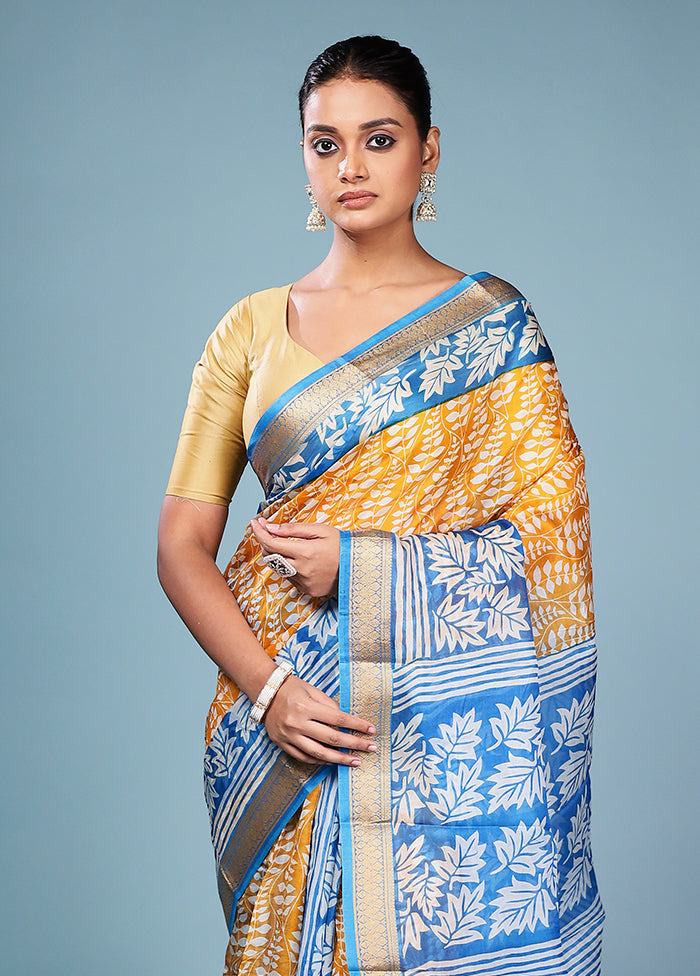 Yellow Printed Pure Silk Saree Without Blouse Piece