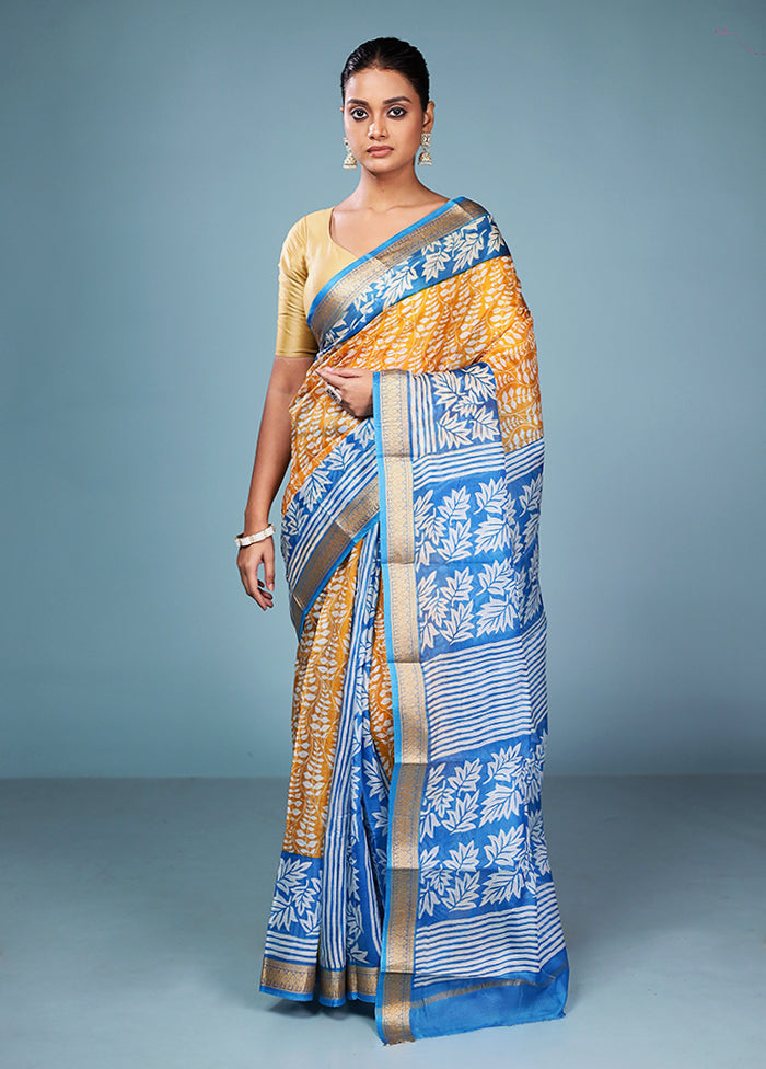 Yellow Printed Pure Silk Saree Without Blouse Piece