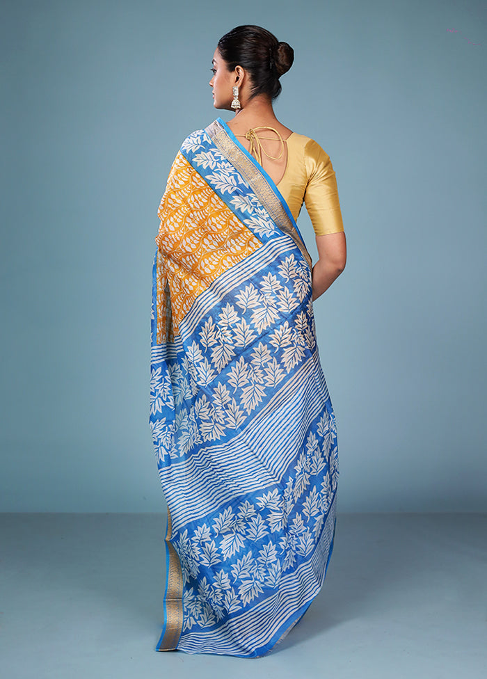 Yellow Printed Pure Silk Saree Without Blouse Piece