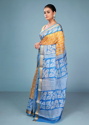 Yellow Printed Pure Silk Saree Without Blouse Piece