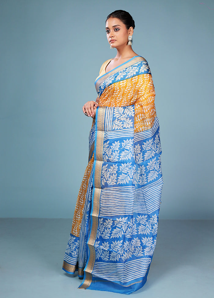Yellow Printed Pure Silk Saree Without Blouse Piece