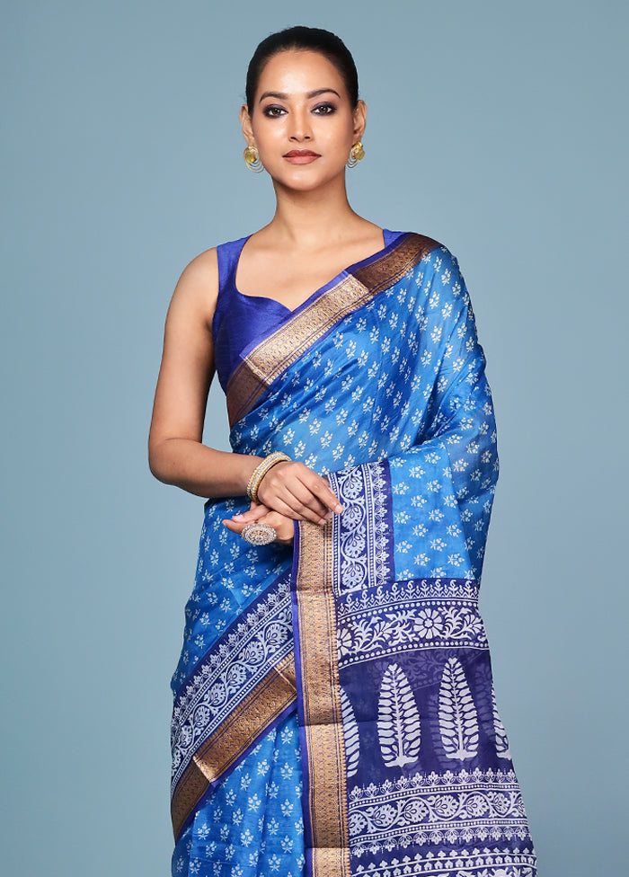 Blue Printed Pure Silk Saree Without Blouse Piece