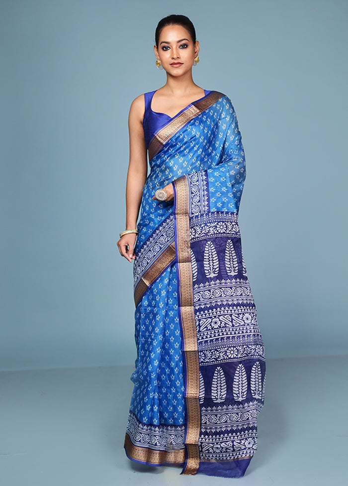 Blue Printed Pure Silk Saree Without Blouse Piece