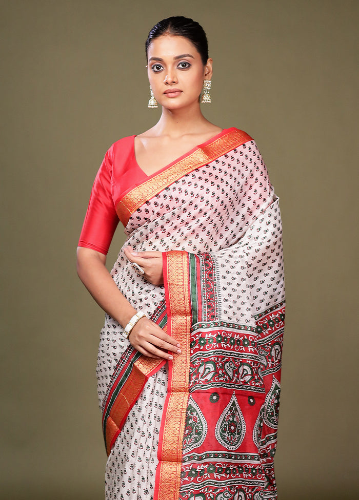 White Printed Pure Silk Saree Without Blouse Piece