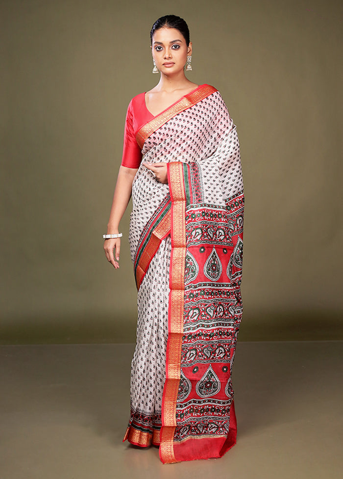 White Printed Pure Silk Saree Without Blouse Piece