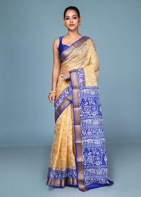 Yellow Printed Pure Silk Saree Without Blouse Piece