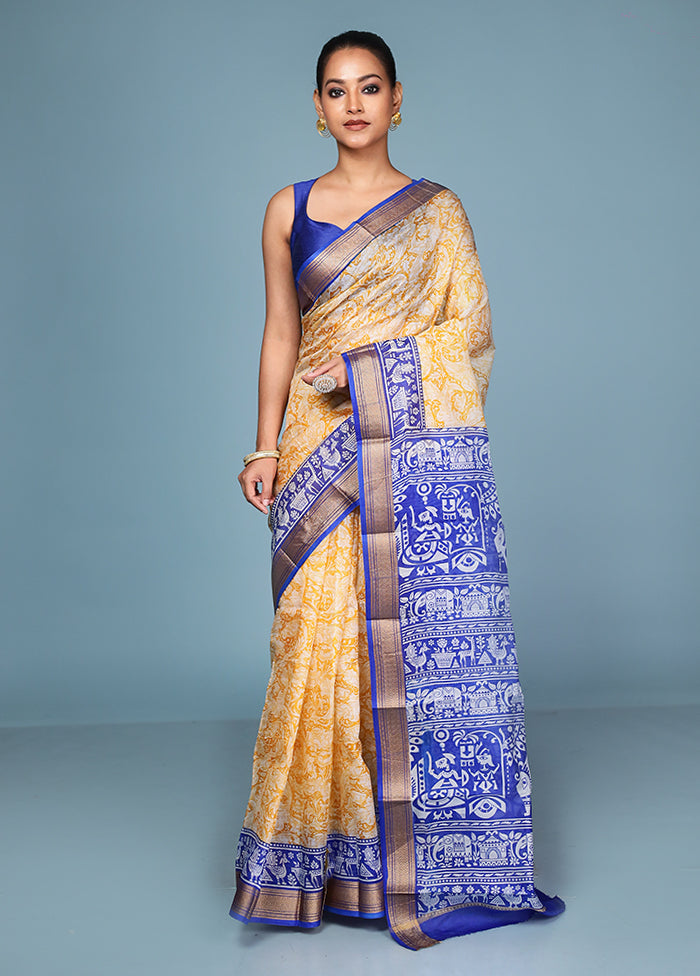 Yellow Printed Pure Silk Saree Without Blouse Piece
