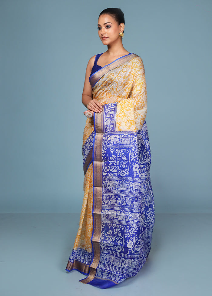 Yellow Printed Pure Silk Saree Without Blouse Piece