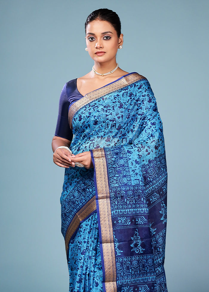 Blue Printed Pure Silk Saree Without Blouse Piece