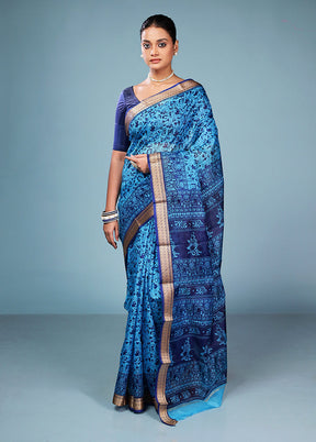 Blue Printed Pure Silk Saree Without Blouse Piece