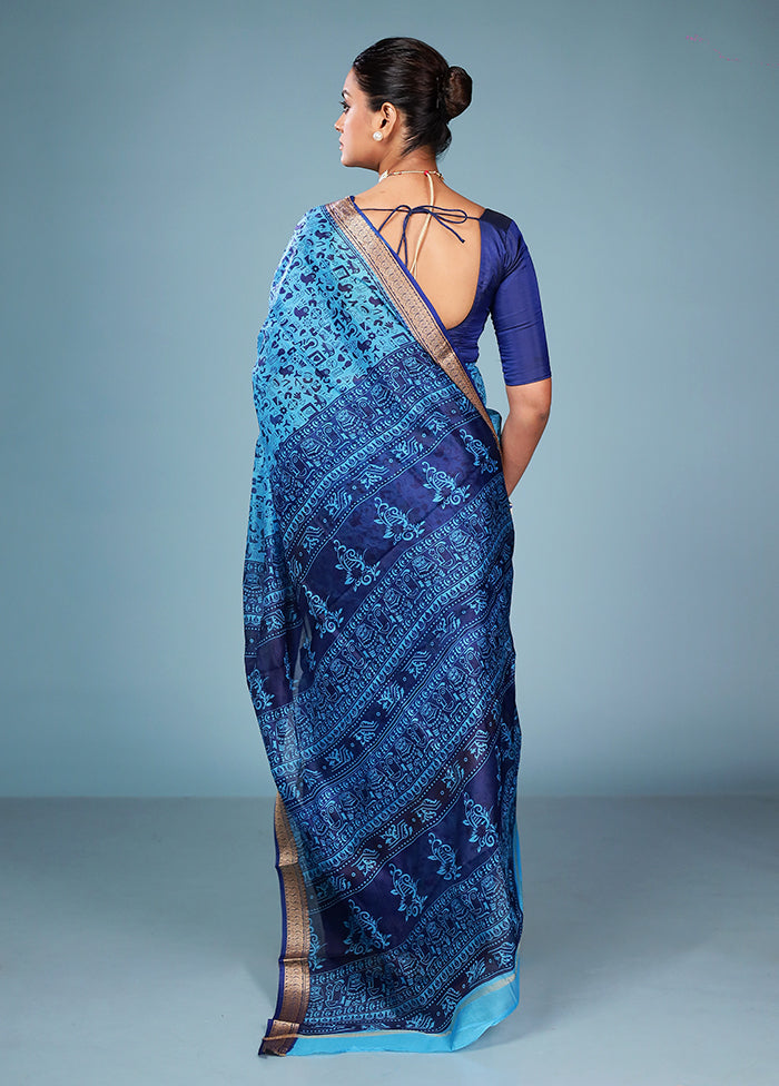 Blue Printed Pure Silk Saree Without Blouse Piece
