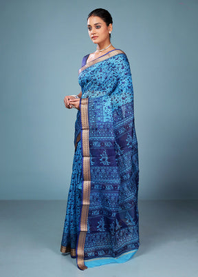 Blue Printed Pure Silk Saree Without Blouse Piece