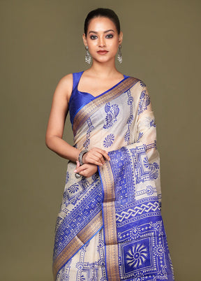 Cream Printed Pure Silk Saree Without Blouse Piece