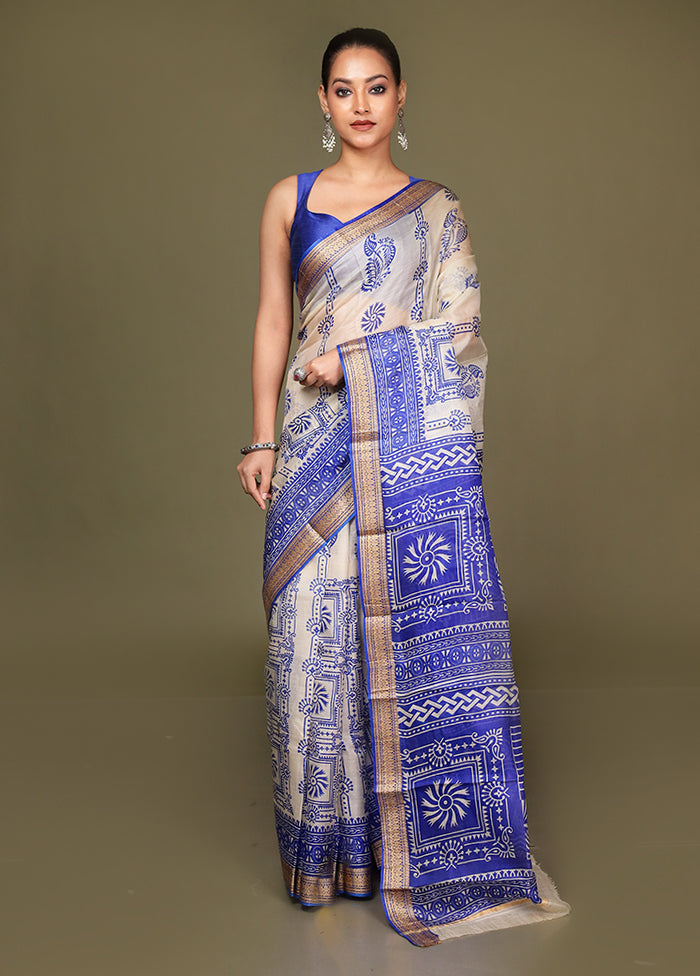 Cream Printed Pure Silk Saree Without Blouse Piece