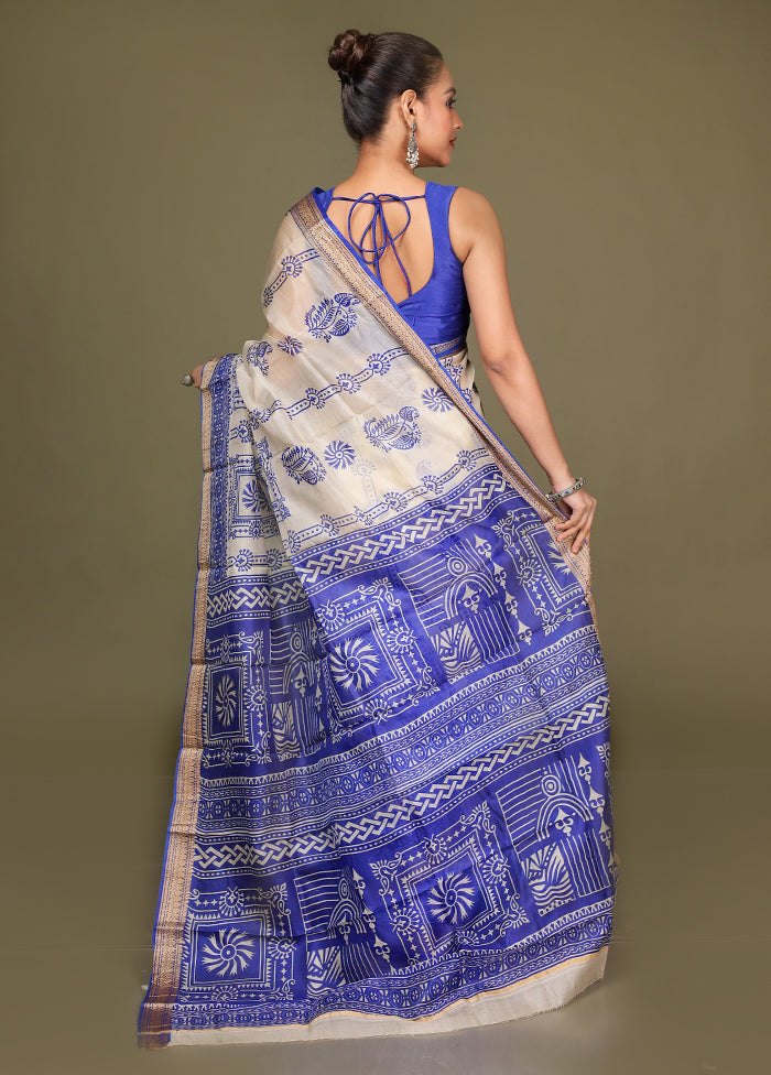 Cream Printed Pure Silk Saree Without Blouse Piece