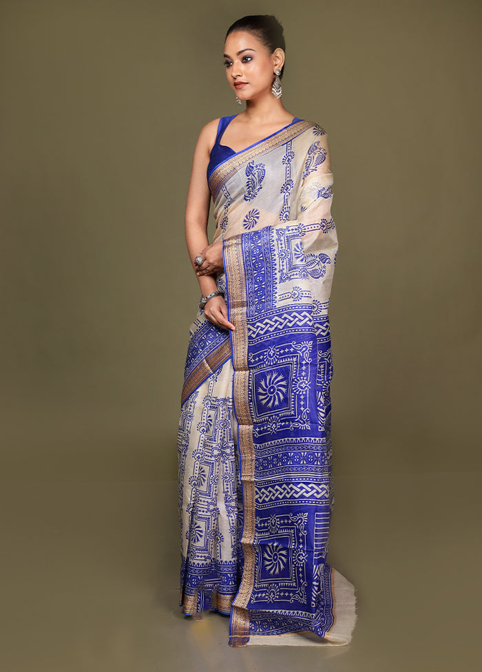 Cream Printed Pure Silk Saree Without Blouse Piece
