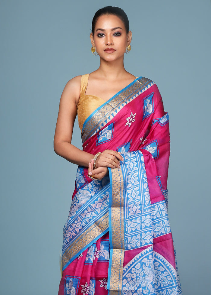 Pink Printed Pure Silk Saree Without Blouse Piece