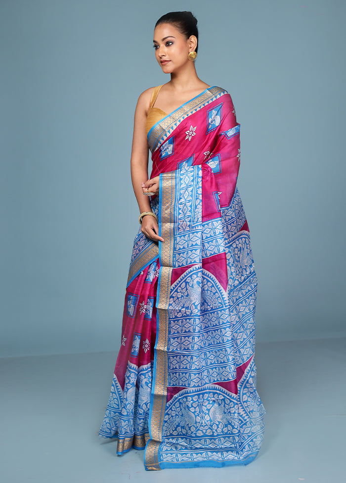 Pink Printed Pure Silk Saree Without Blouse Piece
