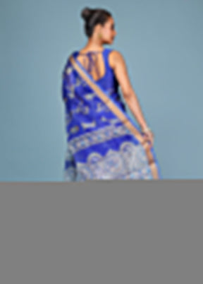 Blue Printed Pure Silk Saree Without Blouse Piece