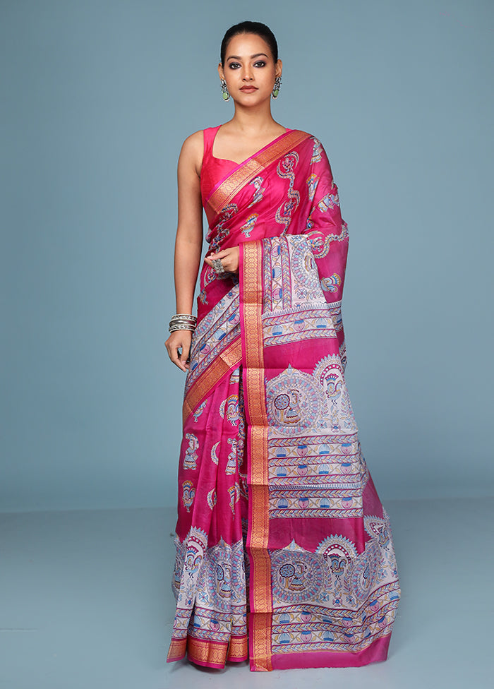 Pink Printed Pure Silk Saree Without Blouse Piece