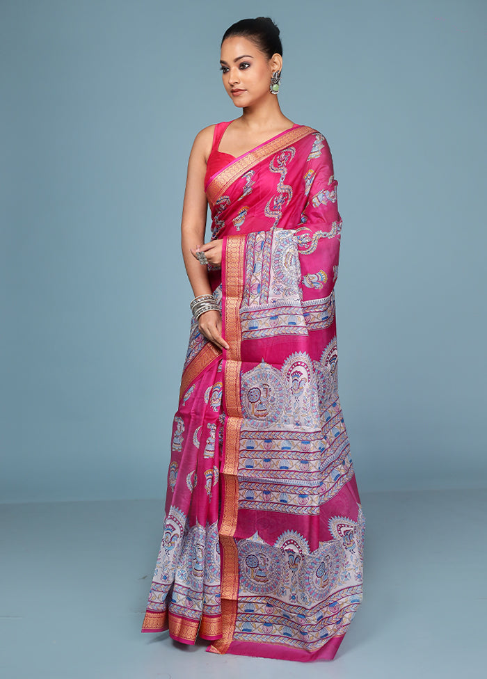 Pink Printed Pure Silk Saree Without Blouse Piece