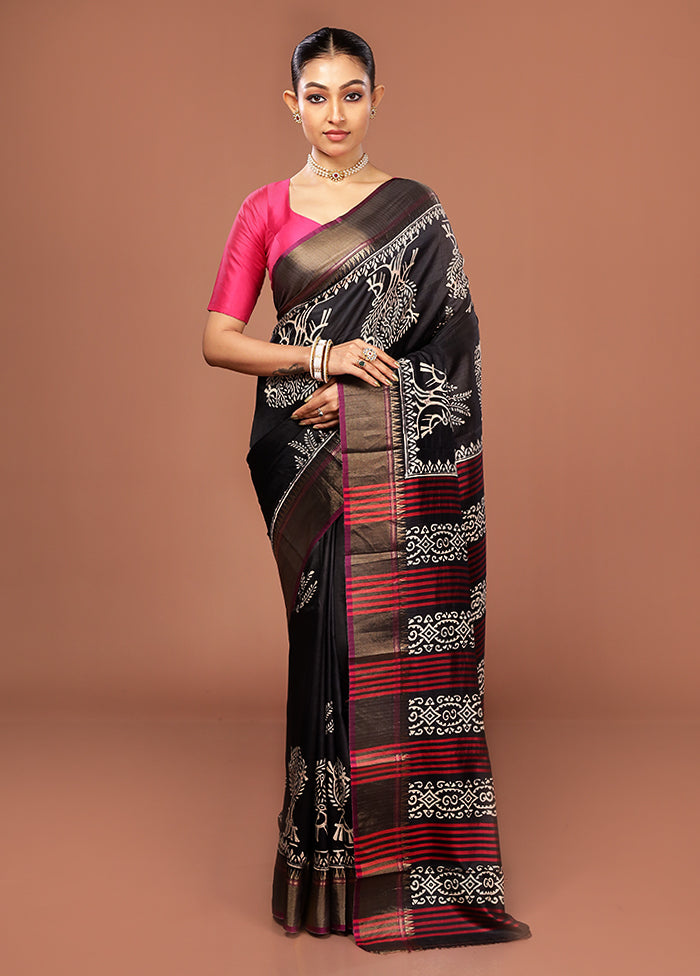 Black Printed Pure Silk Saree Without Blouse Piece