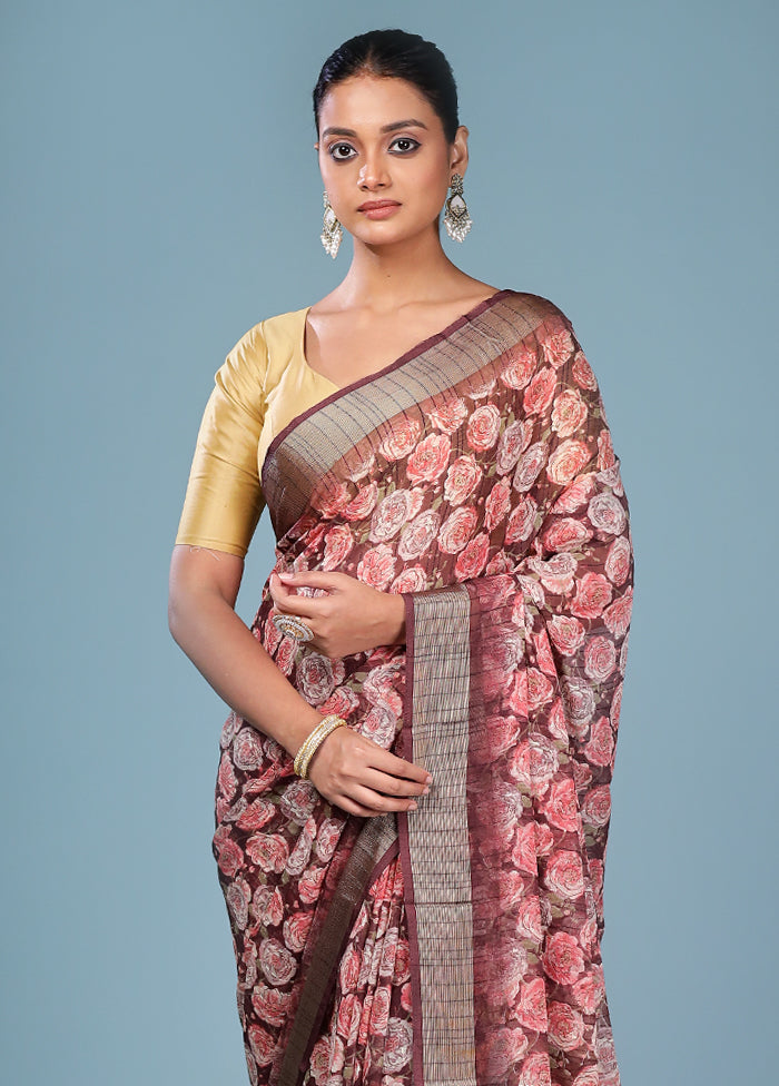 Brown Chiffon Silk Saree With Blouse Piece