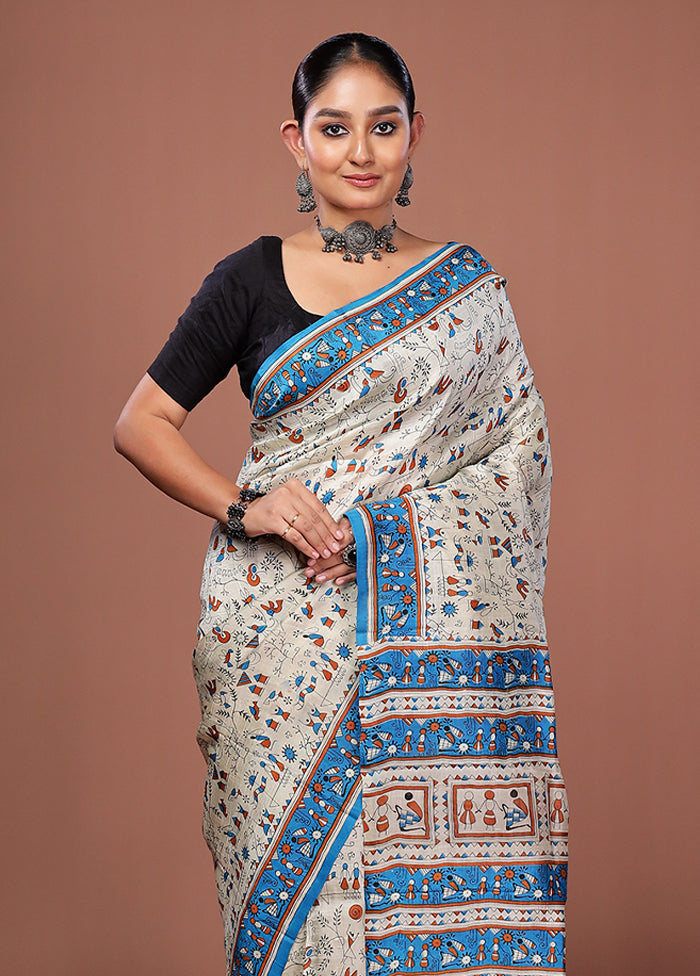 Cream Printed Pure Silk Saree Without Blouse Piece