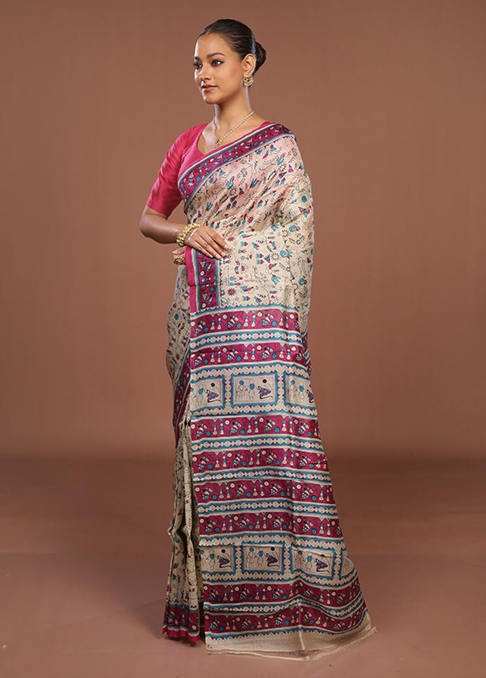 Cream Printed Pure Silk Saree Without Blouse Piece