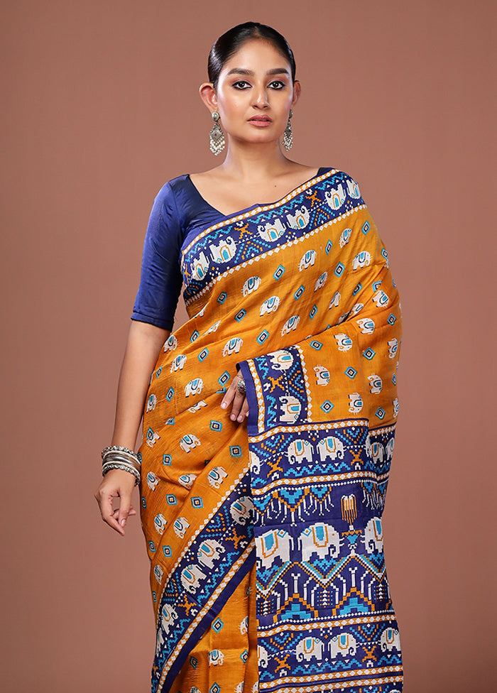 Yellow Printed Pure Silk Saree Without Blouse Piece