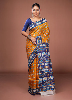 Yellow Printed Pure Silk Saree Without Blouse Piece