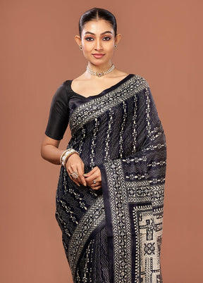 Black Kantha Stitch Pure Silk Saree With Blouse Piece