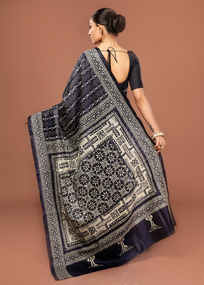 Black Kantha Stitch Pure Silk Saree With Blouse Piece