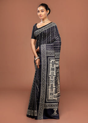 Black Kantha Stitch Pure Silk Saree With Blouse Piece
