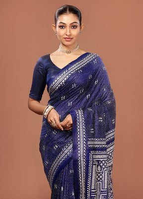 Blue Kantha Stitch Pure Silk Saree With Blouse Piece