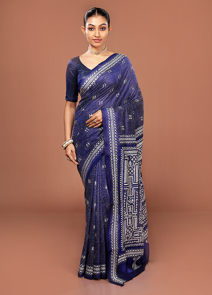 Blue Kantha Stitch Pure Silk Saree With Blouse Piece