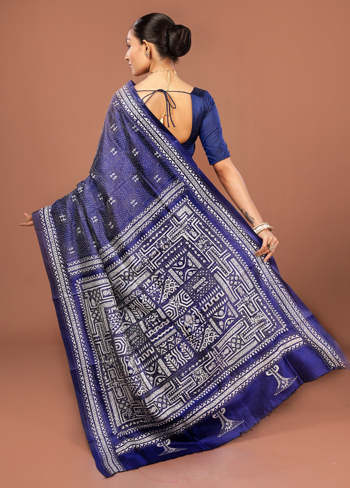 Blue Kantha Stitch Pure Silk Saree With Blouse Piece