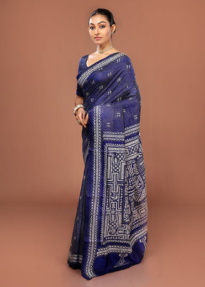 Blue Kantha Stitch Pure Silk Saree With Blouse Piece